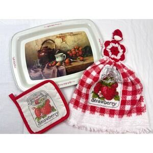 Vintage Serving Tray 1950s with 1970s Strawberry Pot Holder & Hanging Towel